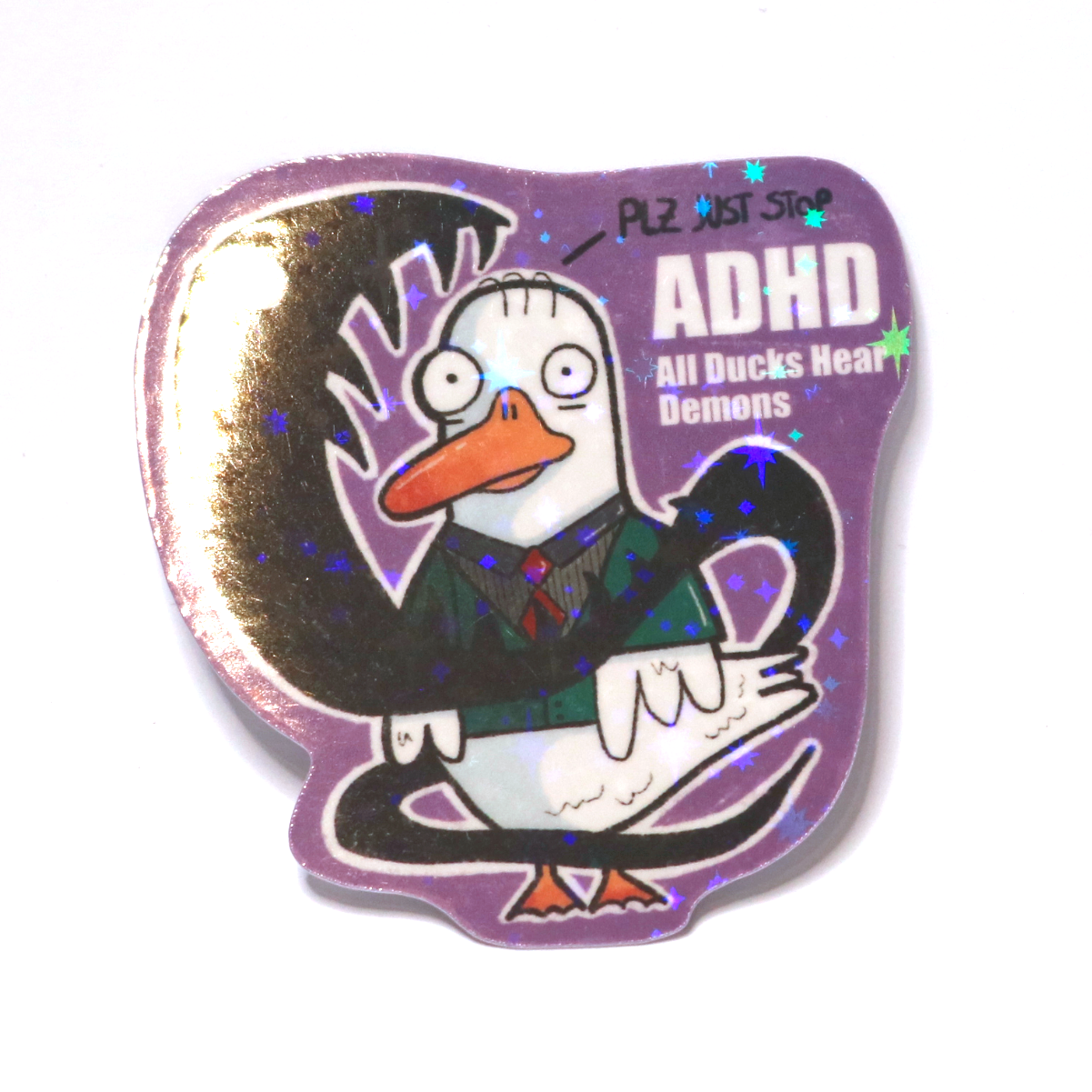 Sticker of a confused duck in an anime-style school outfit surrounded by a dark demon, with the slogan ‘ADHD – All Ducks Have Demons.’