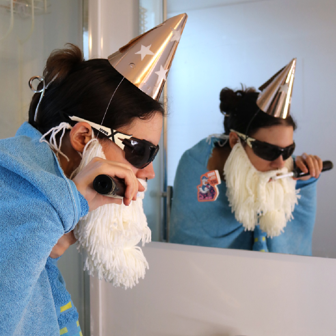 Sticker “ADHD - All Ducks Hide Donuts” in a bathroom scene with the Crafting Wizard brushing his teeth at the sink, the sticker attached to the mirror in a funny staged setup.