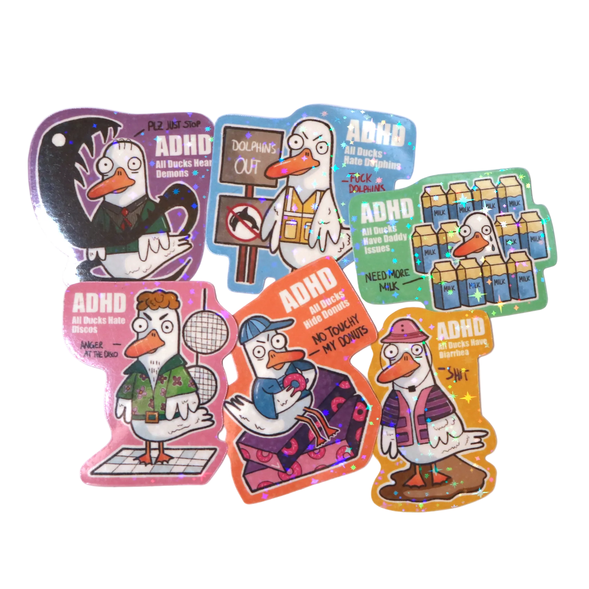 Six cartoon duck stickers displayed on a white background, each featuring a different humorous ‘ADHD – All Ducks…’ slogan.