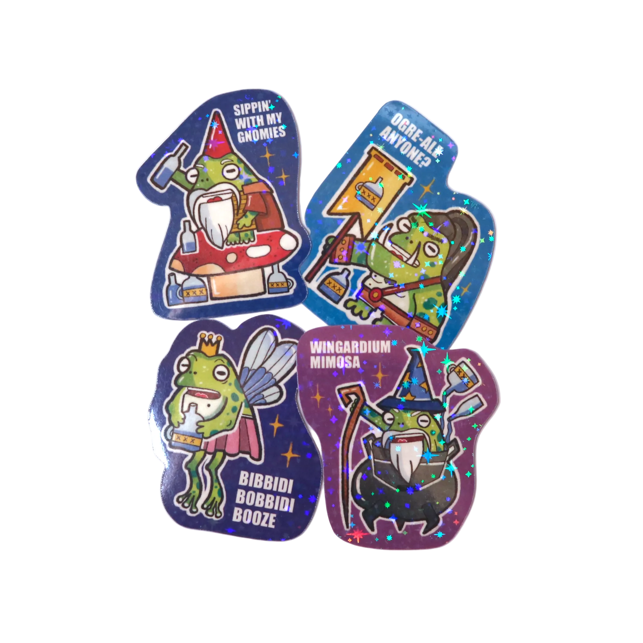 Collection of frog-themed stickers on a white background, featuring various humorous drunk frog characters with fantasy-inspired designs and slogans.