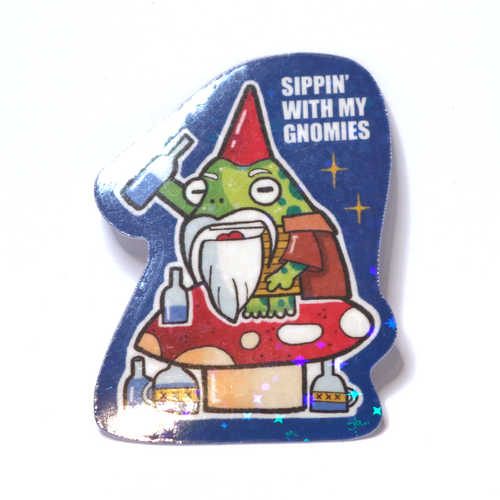 Sticker of a drunk gnome frog sitting on a large mushroom, raising a bottle, with many bottles below and the slogan ‘Sippin’ With My Gnomies.’