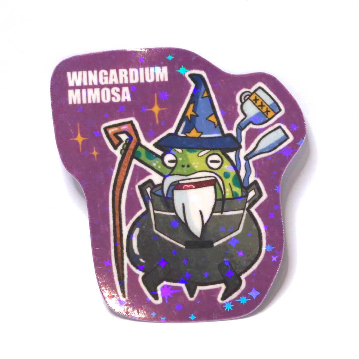 Sticker of a drunk wizard frog with a beard and hat, sitting in a cauldron and magically pouring bottles into it, with the slogan ‘Wingardium Mimosa.’