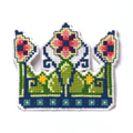 Cross-stitch fairy crown in green, blue, yellow, and pink with floral details.