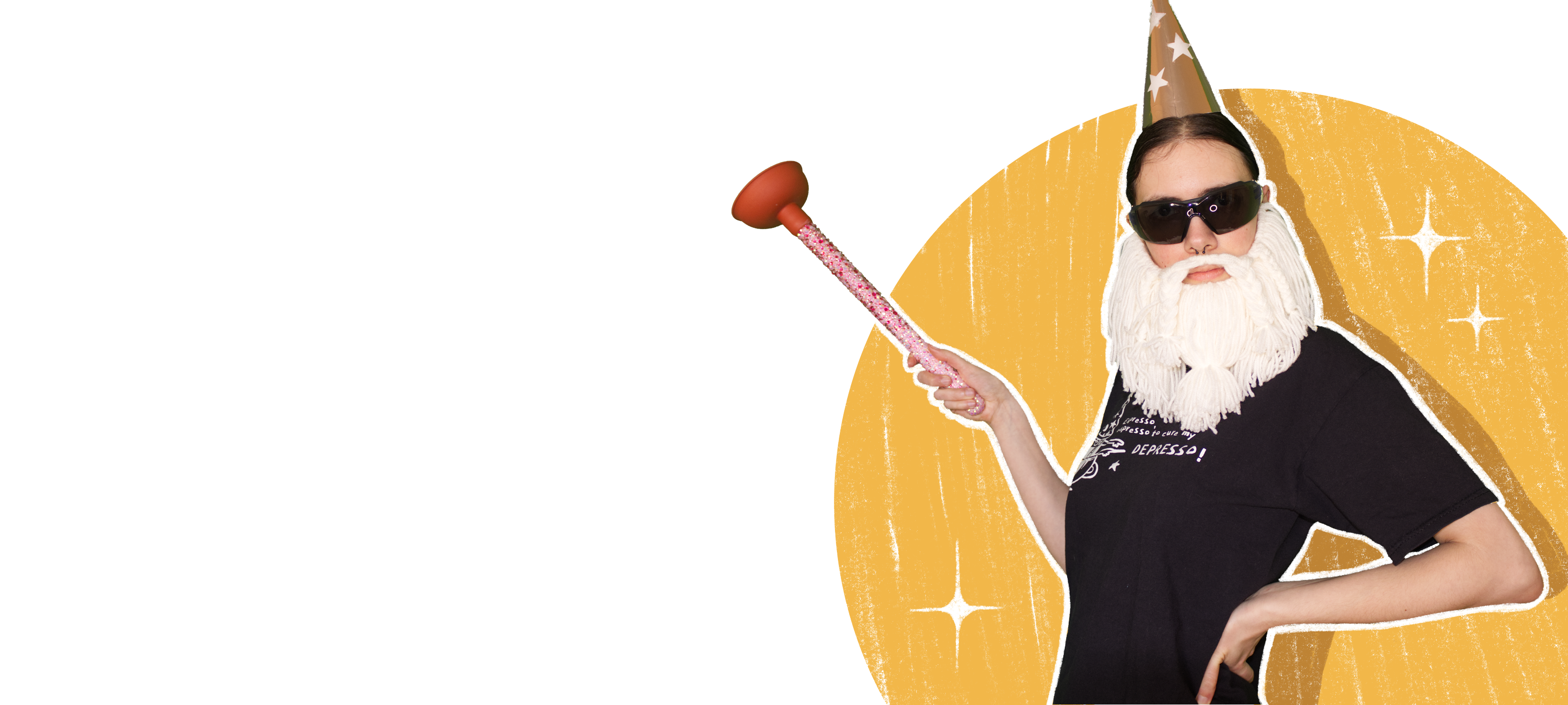 Hero image of the Crafting Wizard website showing a wizard with a white beard and wizard hat, holding a sparkling plunger as a magic wand, set against a clean white background with a yellow circle behind him.