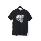 Black MindfuckStation Eat Me Daddy T-shirt on a hanger, front view with broccoli graphic