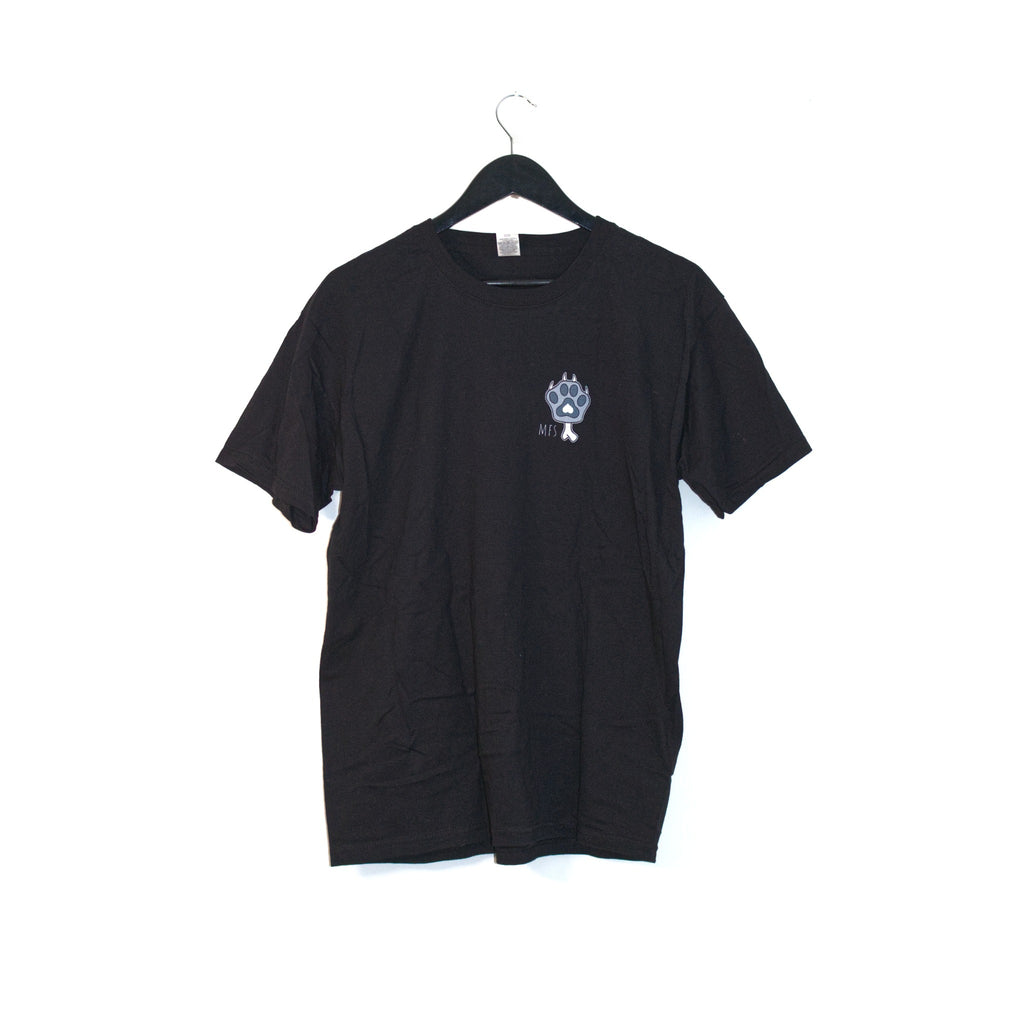 Front of the black Kawaii Bear T-shirt on a hanger, with a small paw print