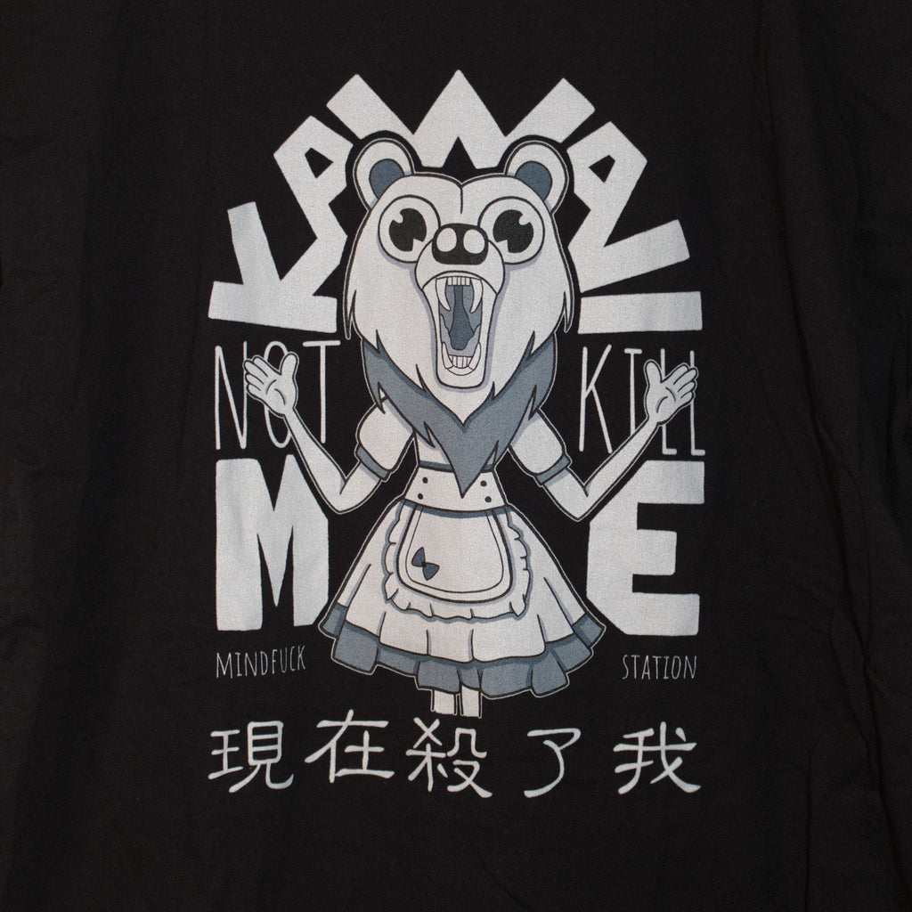 Close-up of the Kawaii Bear graphic on the back of the black T-shirt