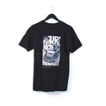 Back of the black MindfuckStation Ride Chicken T-shirt on a hanger, showing the chicken and car graphic