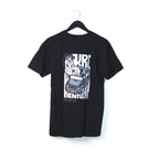 Back of the black MindfuckStation Ride Chicken T-shirt on a hanger, showing the chicken and car graphic