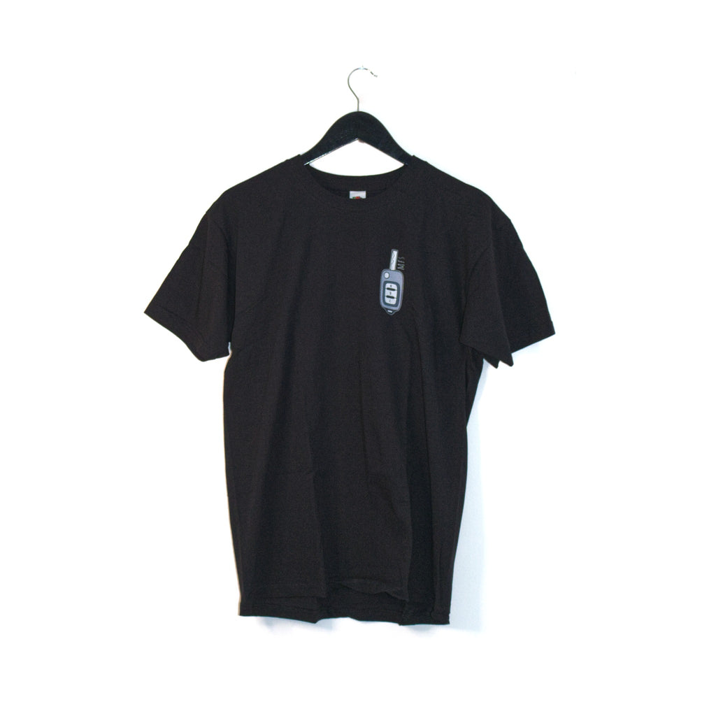 Front of the black Ride Chicken T-shirt on a hanger, with a small car key print