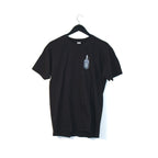Front of the black Ride Chicken T-shirt on a hanger, with a small car key print