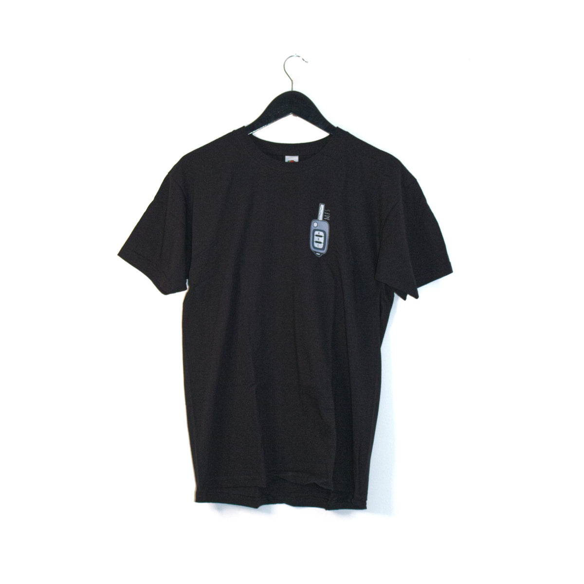Front of the black Ride Chicken T-shirt on a hanger, with a small car key print