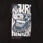 Close-up of the chicken and car graphic on the back of the Ride Chicken T-shirt
