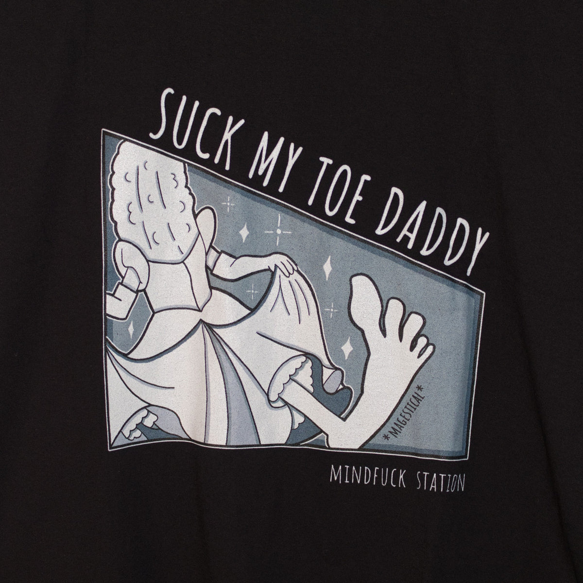 Close-up of the pickle princess graphic and Suck My Toe Daddy lettering