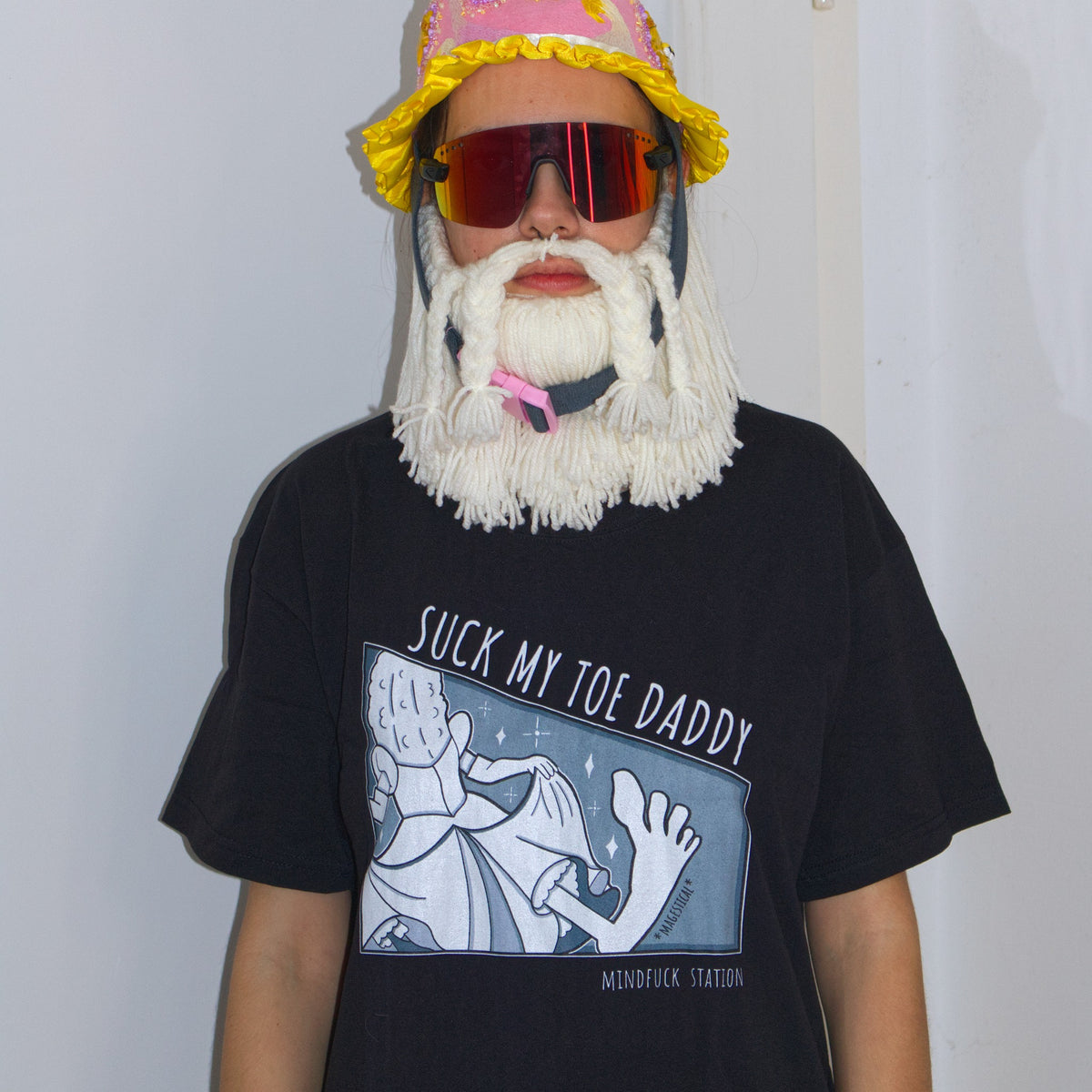 Suck My Toe Daddy T-shirt worn by the Wizard, showing the front print