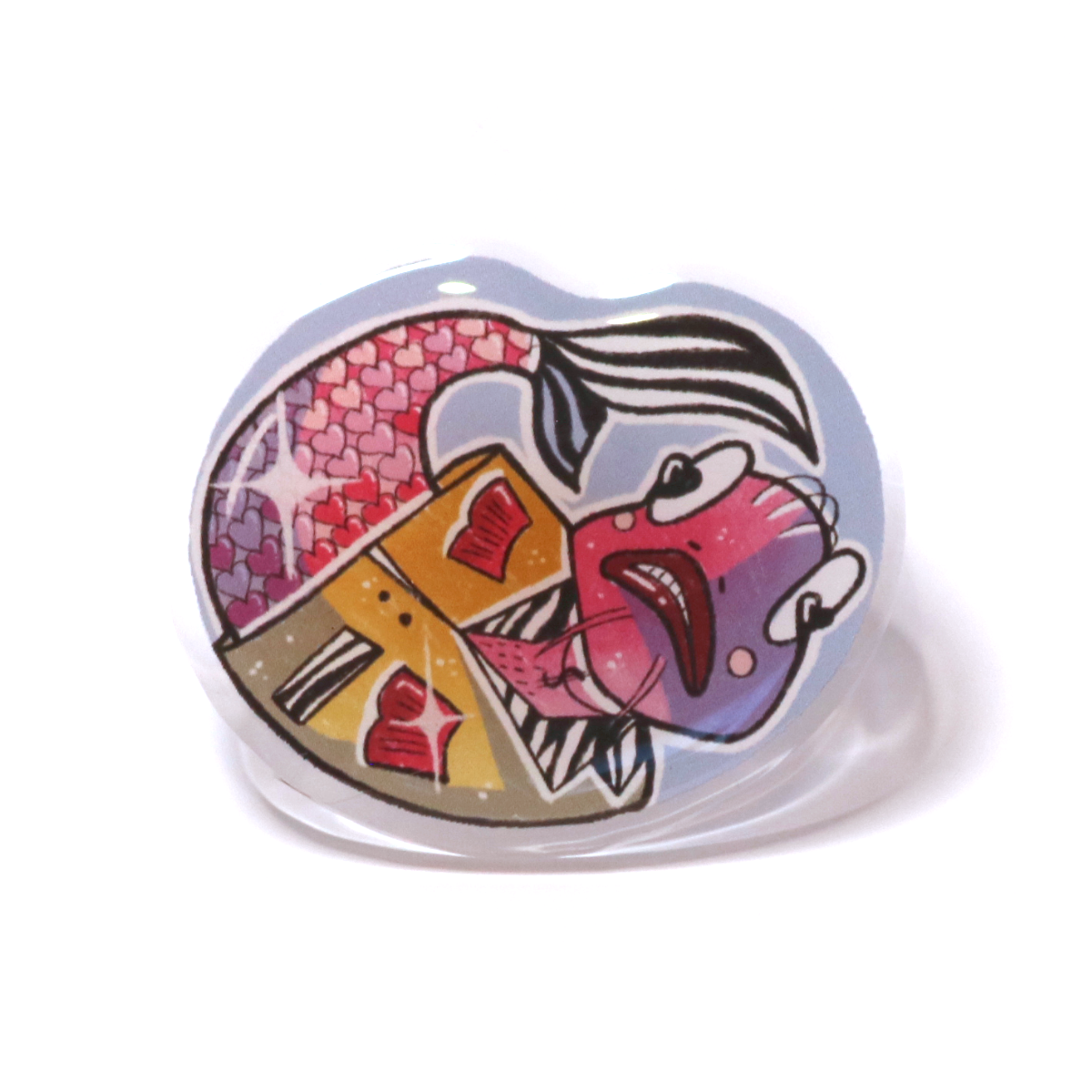 Acrylic pin of a flashy pimp-style fish in a yellow zebra-pattern jacket, with heart-shaped scales and an over-the-top gangster vibe.