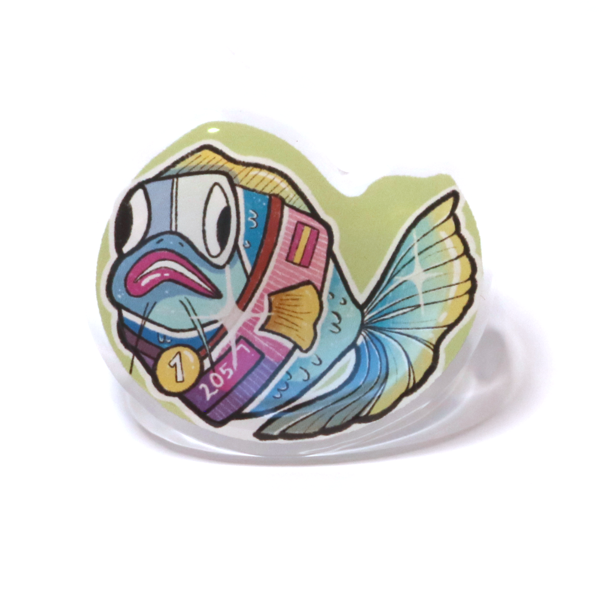 Acrylic pin of a racing fish wearing a running jersey with bib number, marathon glasses, and a gold medal, designed to look very fast.