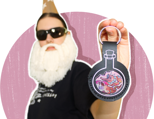 Wizard with potion keychain and a pink circle